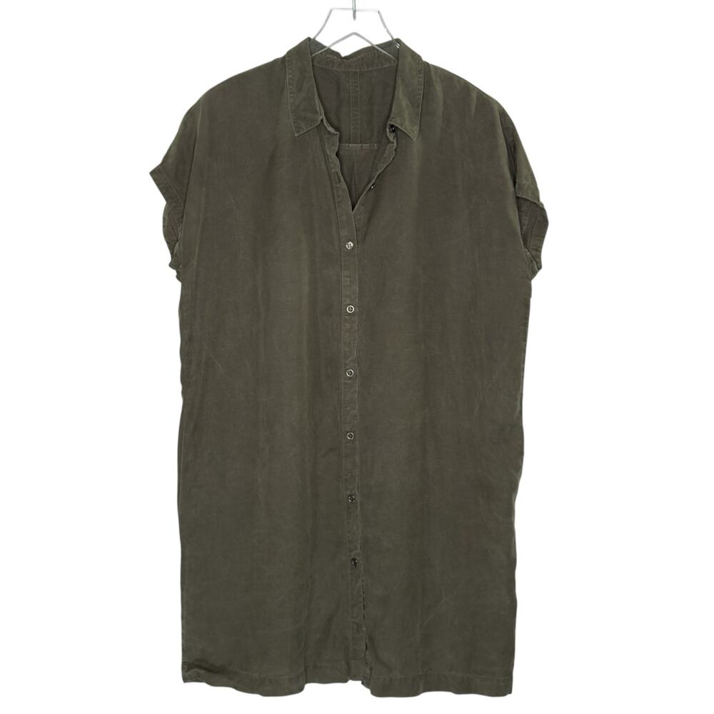 Eileen Fisher Washed Olive Button Down Shirt Dress Linen Blend L Textured *flaw
